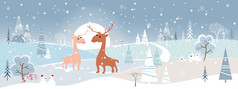 仙境冬天景观与山雪下降圣诞节树雪男人。极地熊家庭妈妈和儿子驯鹿向量快乐圣诞节和新一年背景
