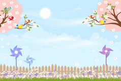 可爱的卡通卡为春天季节与迷你风车后面木栅栏插图夏天有创意的背景与复制空间模板为你的文本自然景观与蓝色的天空