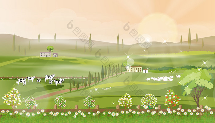 农村农场景观与绿色字段和精品动物牛山羊羊和风车山与蓝色的天空和云向量卡通春天夏天景观生态村有机农业