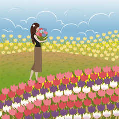 可爱的卡通女孩持有花束郁金香走独自一人农田向量插图春天字段风景与色彩鲜艳的郁金香山