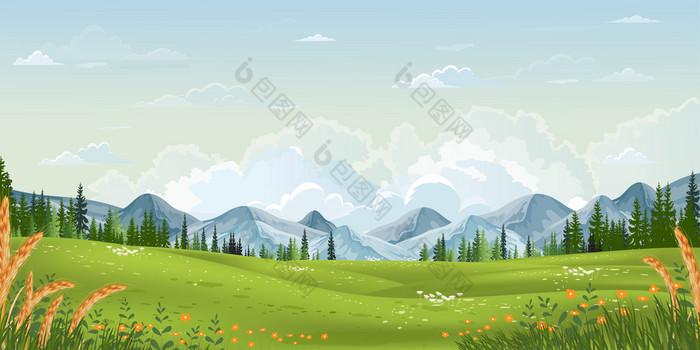 春天景观与山蓝色的天空和云全景绿色字段新鲜的和和平农村自然春天与绿色草土地卡通向量插图为春天和夏天横幅