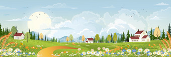 春天景观与农场房子山太阳蓝色的天空和云全景农村与和平农村自然春天与野生草土地卡通向量为春天夏天横幅