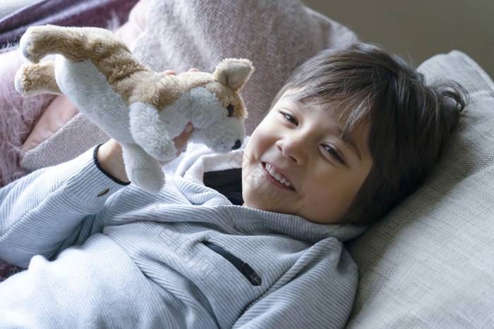 肖像快乐男孩说谎沙发玩与狗玩具健康的孩子男孩玩与他的玩具放松首页周末放松温暖的和舒适的场景首页概念