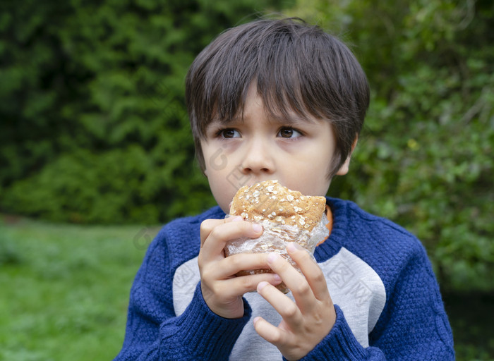 饿了孩子男孩吃自制的面包三明治与混合蔬菜的公园孩子选址绿色草吃他的零食野餐与模糊的树背景春天户外活动