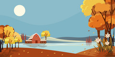 幻想全景风景农村秋天全景中期秋天与农场房子的湖与的太阳和蓝色的天空仙境景观秋天季节橙色树叶