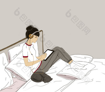 插图年轻的<strong>女孩</strong>坐着床上与猫数字油漆赶时髦的人风格<strong>女孩</strong>字符与长头发穿睡衣画平板电脑和<strong>听音乐</strong>