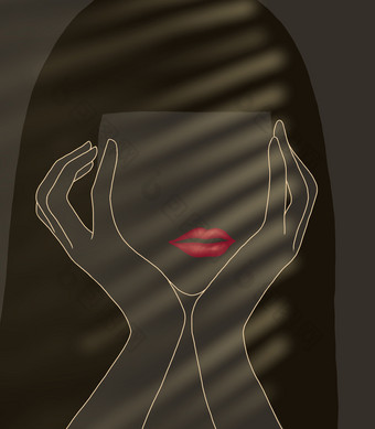 赶时髦的人风格女孩字符与长头发喝灰色背景年轻的美丽的亚洲女人脸影子亚洲化身脸阴影艺术概念数字油漆卡哇伊卡通插图