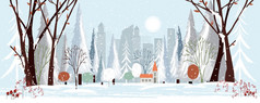 全景城市冬天假期景观圣诞节和新一年庆祝与城市景观背景向量平水平横幅冬天仙境的小镇