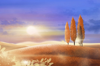 插图秋天景观与日落和金光数字油漆全景秋天季节农场字段晚上与美丽的阳光黄昏云和橙色松树山