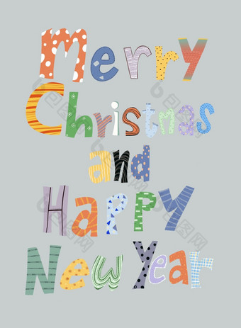 卡哇伊圣诞节卡与装饰排版快乐圣诞节和快乐新一年设计插图可爱的刻字与有趣的手工制作的字体。为邀请问候卡