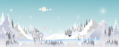 冬天景观农场场村幻想可爱的卡通仙女飞行和玩与白色独角兽圣诞节晚上向量插图横幅为快乐圣诞节和新一年背景