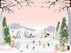 冬天景观晚上与人有有趣的做户外活动新一年向量城市景观圣诞节假期与人庆祝活动孩子玩冰溜冰鞋青少年滑雪