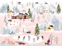 冬天景观晚上与人有有趣的做户外活动新一年向量城市景观圣诞节假期与人庆祝活动孩子玩冰溜冰鞋青少年滑雪