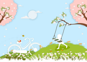 纸减少春天村景观小男孩玩摇摆不定的下樱花树与古董自行车向量纸艺术孩子玩的公园鸟站自行车与樱桃开花阳光明媚的一天