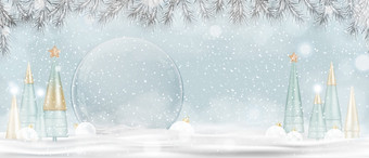 快乐新一年和快乐圣诞节背景圣诞节雪球与锥形树雪玻璃雪全球设计节日圣诞节元素假期海报问候卡摩天观景轮与复制空间