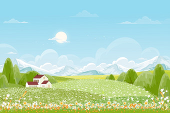春天绿色字段景观与山蓝色的天空和云背景全景和平农村自然春天与绿色草<strong>土地卡通</strong>向量插图为春天和夏天横幅