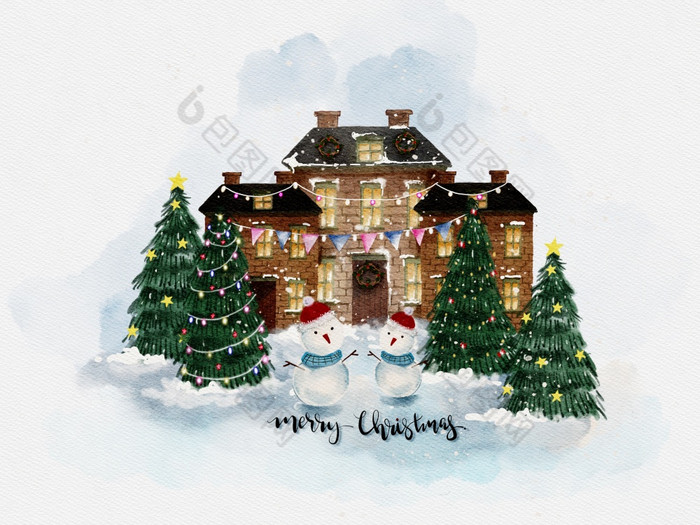 水彩画油漆圣诞节树与房子光灯泡装饰与雪下降水彩纸背景快乐圣诞节问候卡农场房子和冷杉树与金框架