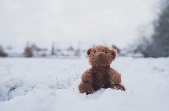 失去了泰迪熊与伤心脸说谎雪与模糊的房子孤独的熊娃娃坐着独自一人的公园冬天失去了玩具孤独概念国际失踪孩子们