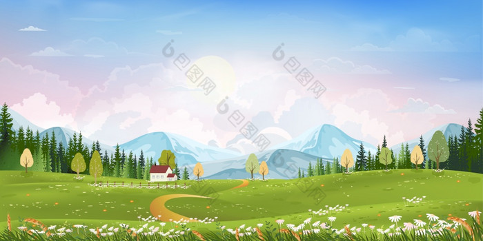 春天绿色字段景观与山粉红色的蓝色的天空和云背景全景农村自然春天与绿色草土地卡通向量插图为春天和夏天横幅