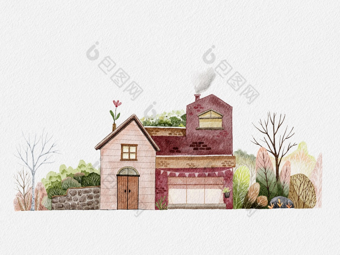 房子与花园水彩木混合与砖房子和盛开的植物树的花园插图画美丽的自然村为海报问候卡背景