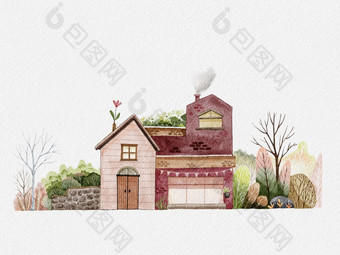 房子与花园水彩木混合与砖房子和盛开的植物树的花园插图画美丽的自然村为海报问候卡背景