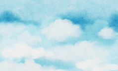 蓝色的天空与毛茸茸的云水彩画手画天空白色纸插图美丽的自然背景为假期卡出售春天夏天时间概念横幅背景与复制空间