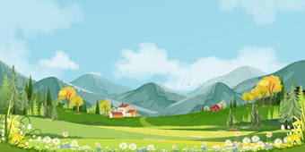 全景景观春天村与绿色草地山与蓝色的天空插图夏天春天景观全景农村绿色场与农舍精品和草花