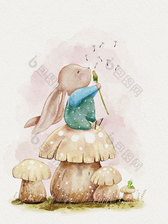 可爱的兔子坐着蘑菇吹蒲公英花水颜色手油漆插图卡通手画兔子字符为复活节问候卡春天夏天海报背景