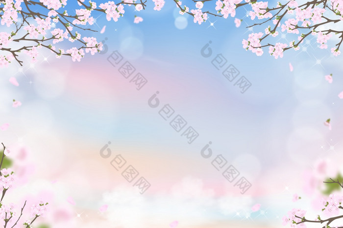 春天樱桃开花蓝色的和粉红色的柔和的天空背景插图粉红色的樱花花盛开的春天与下降花瓣甜蜜的背景横幅为春天夏天出售