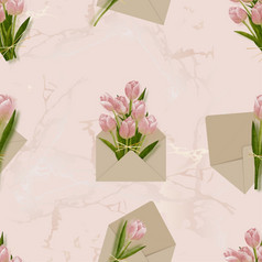 无缝的粉红色的郁金香花束内部的信封桃子大理石背景水彩画手油漆没完没了的模式美丽的春天花插图植物区系开花为织物壁纸打印