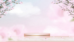 讲台上显示与春天苹果开花蓝色的和粉红色的柔和的天空背景插图现实的粉红色的黄金油缸站平台玫瑰黄金箔大理石与开花分支机构粉红色的樱花