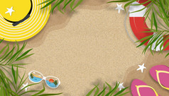夏天背景与海滩假期假期主题与复制空间沙子海滩插图地平线横幅平躺纸减少热带夏天设计与椰子棕榈叶子边境的海滩