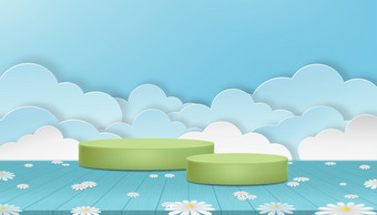 工作室房间绿色油缸讲台上与花木地板上和纸减少云层蓝色的天空背景向量卡通室内背景横幅自然场景为复活节春天夏天出售