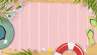 夏天背景与海滩假期假期主题与复制空间粉红色的木面板插图地平线横幅平躺热带夏天设计与椰子棕榈叶子边境木板材变形