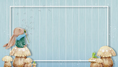 水彩可爱的兔子坐着蘑菇吹蒲公英花蓝色的木墙背景插图手油漆卡通兔子木面板变形为复活节春天夏天横幅