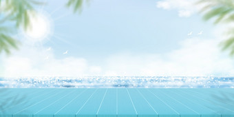 夏天背景海景与前木表格海云天空地平线自然蓝色的海洋与反射早....光和模糊的椰子棕榈叶子边境插图横幅促销活动出售