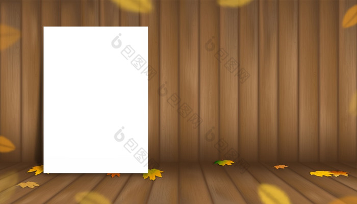 木背景与秋天叶子白色纸海报站木地板上变形插图工作室房间横幅模板模型显示为秋天季节秋天的产品演讲