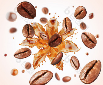 咖啡豆与飞溅咖啡咖啡豆和飞溅与<strong>剪裁</strong>路径插图