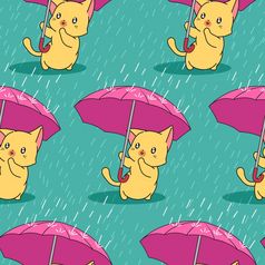 无缝的可爱的猫与伞多雨的一天模式