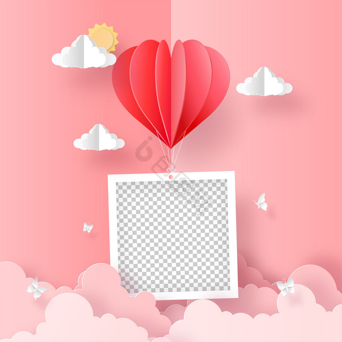 折纸纸艺术空白照片与心形状气球的天空浪漫图片