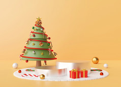 快乐圣诞节讲台上与圣诞节树和饰品雪地板上呈现