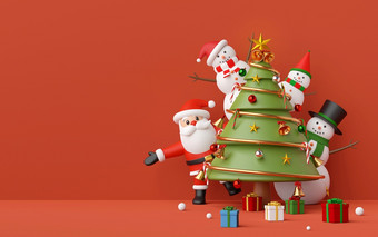 快乐<strong>圣诞</strong>节和快乐新一年<strong>圣诞</strong>老人老人和雪人<strong>圣诞</strong>节聚会，<strong>派对</strong>与<strong>圣诞</strong>节树饰品红色的复制空间背景呈现