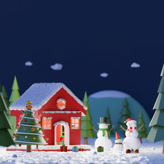 快乐圣诞节和快乐新一年景观雪人玩雪外的红色的房子松森林的午夜复制空间呈现