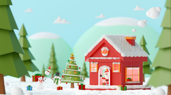 快乐圣诞节和快乐新一年圣诞节聚会，派对与圣诞老人老人和<strong>雪人</strong>的红色的<strong>房子</strong>松森林呈现