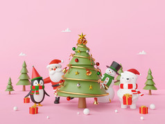快乐圣诞节和快乐新一年聚会，派对圣诞节一天与圣诞老人老人和朋友粉红色的背景呈现