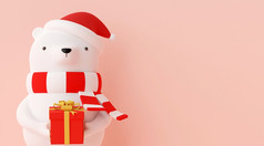 快乐圣诞节和快乐新一年横幅圣诞节字符熊穿红色的他和持有圣诞节礼物粉红色的背景呈现
