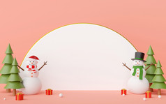 快乐圣诞节和快乐新一年场景雪人和圣诞节礼物与白色空白空间蓝色的背景呈现