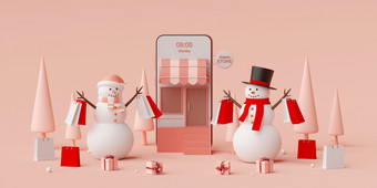 圣诞节广告横幅为网络设计雪人持有购物袋购物在线移动应用程序呈现