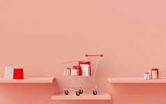 广告横幅背景为网络设计购物袋和礼物与购物车粉红色的背景呈现