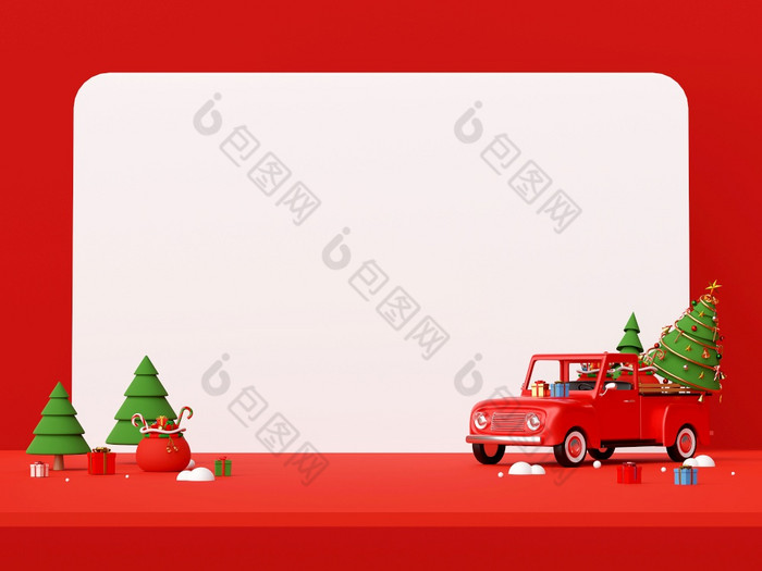 快乐圣诞节和快乐新一年场景圣诞节卡车完整的圣诞节礼物和圣诞节树后面的卡车与复制空间呈现